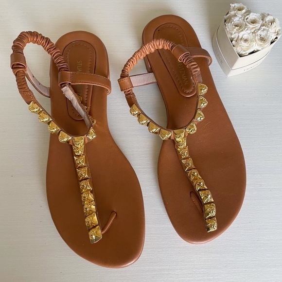 New Stuart Weiztman $450 Brown Leather Gold Rose Appliqué Thong Sandals Flats - Picture 6 of 12